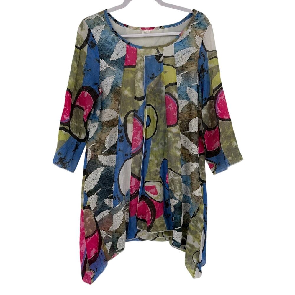 Y2K Arsty Patchwork Tunic Womens Top Sz L Lagenlook Boho Indie Asymmetric Hem